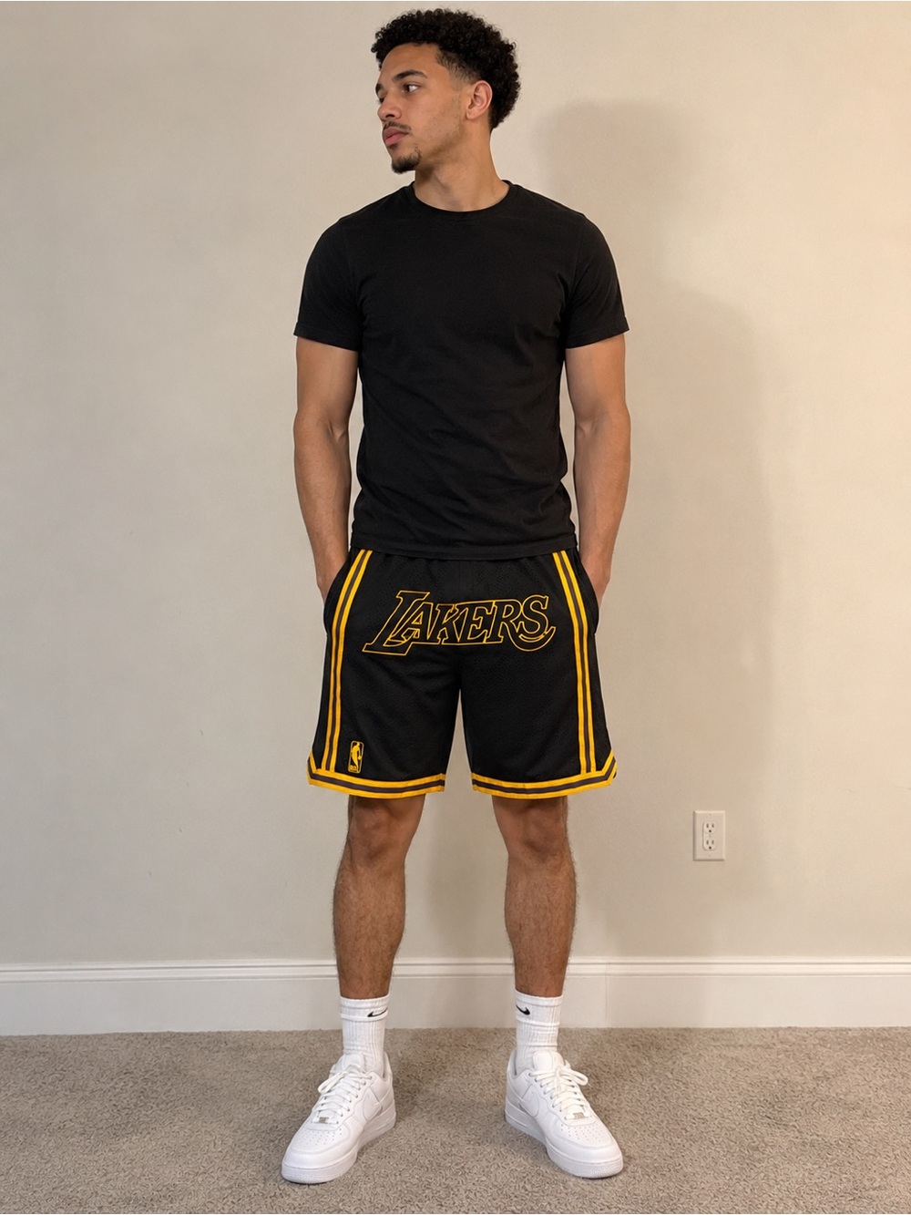 VINTAGE JUST DON X LOS ANGELES LAKERS LARGE SEWN BLACK SHORTS PREOWNED